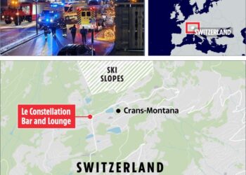 Collage de un titular de noticias y una fotografía de los servicios de emergencia en una estación de esquí, un mapa de Europa que destaca Suiza y un mapa detallado del área de Crans-Montana en Suiza que muestra la ubicación de Le Constellation Bar and Lounge.