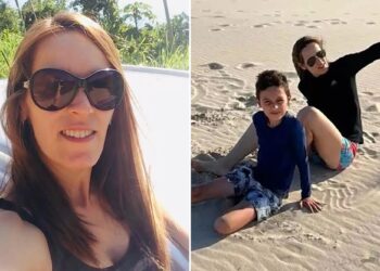 Un collage de imágenes que contiene 2 imágenes. La imagen 1 muestra a Luciana Klein Helfstein sonriendo con gafas de sol. La imagen 2 muestra a Luciana Klein Helfstein y su hijo Arthur Klein Helfstein Alves sentados en la arena.