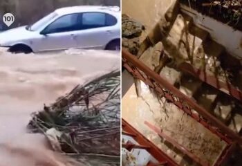 Momento dramático: enormes olas chocan contra los automóviles que circulan por la carretera costera mientras los automovilistas aterrorizados intentan huir de las inundaciones.