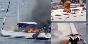 Momento dramático: un yate de lujo explota en una bola de fuego, lo que obliga al capitán y a la tripulación a saltar al mar mientras el barco se quema hasta convertirse en cenizas.