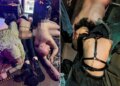 Un collage de imágenes que contiene 2 imágenes. La imagen 1 muestra a los miembros del grupo de teatro detenidos tirados en el suelo. La imagen 2 muestra una fiesta desnuda.