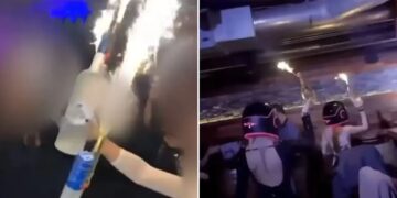 Un collage de imágenes que contiene 2 imágenes. La imagen 1 muestra una bengala adherida a una botella de alcohol que casi prende fuego a una barra. La imagen 2 muestra NINTCHDBPICT001048860986