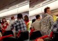 Momento impactante: una pasajera de avión del infierno apoya sus PIES en el reposacabezas en acto de venganza después de que su compañero de viaje reclinara su asiento