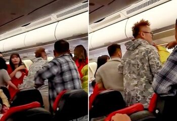 Momento impactante: una pasajera de avión del infierno apoya sus PIES en el reposacabezas en acto de venganza después de que su compañero de viaje reclinara su asiento