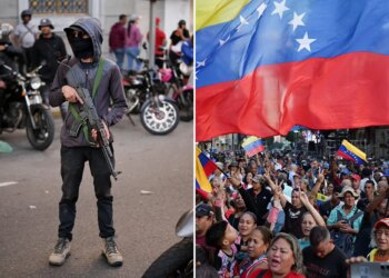 Un collage de imágenes que contiene 2 imágenes. La imagen 1 muestra las secuelas de los ataques estadounidenses en Venezuela. La imagen 2 muestra a miembros del grupo de milicias Colectivos marchando en Caracas, Venezuela, sosteniendo una gran bandera venezolana para exigir la liberación del presidente Nicolás Maduro.