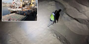 Un collage de imágenes que contiene 2 imágenes. La imagen 1 muestra que la policía española incauta un récord de 10 toneladas de cocaína escondidas en un cargamento de sal. La imagen 2 muestra que la policía española incauta el mayor botín marítimo de cocaína ja registrado.