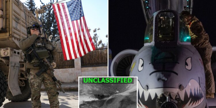 Un collage de imágenes que contiene 3 imágenes. La imagen 1 muestra a soldados de la coalición liderada por Estados Unidos haciendo guardia el día de una reunión entre los líderes de las Fuerzas Democráticas Sirias (SDF) y los líderes militares de Estados Unidos, en Deir Hafer. La imagen 2 muestra a un personal militar subiendo a un avión A-10 Thunderbolt II. La imagen 3 muestra una imagen abstracta en escala de grises con la palabra. "SIN CLASIFICAR" en verde en la parte superior