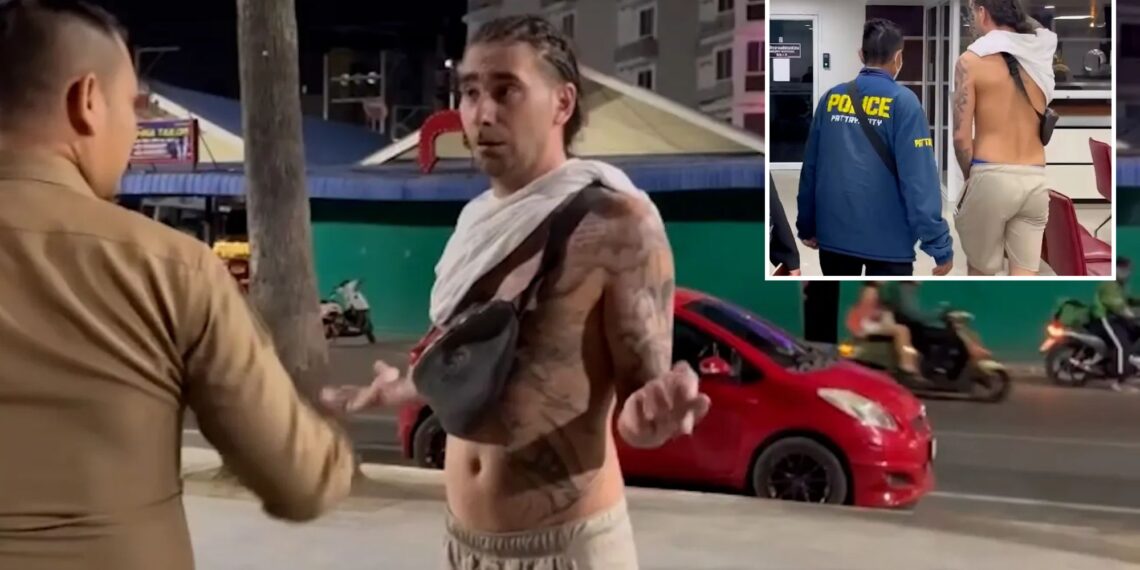 Un collage de imágenes que contiene 2 imágenes. La imagen 1 muestra al británico, de 23 años, arrestado por acto sexual con una mujer de 61 años, en la playa de la 'Sin City' tailandesa de Pattaya. La imagen 2 muestra al británico de 23 años, arrestado por acto sexual con una mujer de 61 años, en la playa de la 'Sin City' tailandesa de Pattaya.