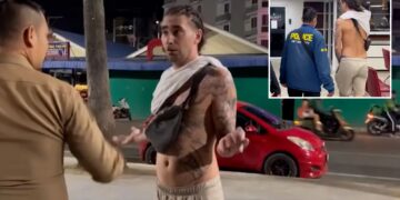 Un collage de imágenes que contiene 2 imágenes. La imagen 1 muestra al británico, de 23 años, arrestado por acto sexual con una mujer de 61 años, en la playa de la 'Sin City' tailandesa de Pattaya. La imagen 2 muestra al británico de 23 años, arrestado por acto sexual con una mujer de 61 años, en la playa de la 'Sin City' tailandesa de Pattaya.