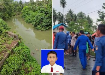 Un collage de imágenes que contiene 3 imágenes. La imagen 1 muestra el río Murky en Indonesia, donde un cocodrilo atacó a un niño. La imagen 2 muestra a trabajadores de rescate y miembros de la comunidad reunidos cerca de un vehículo de rescate rojo con un bote inflable en el techo, probablemente preparándose para una búsqueda. La imagen 3 muestra al colegial Muhammad Rafli Hamzah, de 14 años, con una camisa blanca y corbata roja sobre un fondo azul.