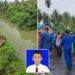 Un collage de imágenes que contiene 3 imágenes. La imagen 1 muestra el río Murky en Indonesia, donde un cocodrilo atacó a un niño. La imagen 2 muestra a trabajadores de rescate y miembros de la comunidad reunidos cerca de un vehículo de rescate rojo con un bote inflable en el techo, probablemente preparándose para una búsqueda. La imagen 3 muestra al colegial Muhammad Rafli Hamzah, de 14 años, con una camisa blanca y corbata roja sobre un fondo azul.