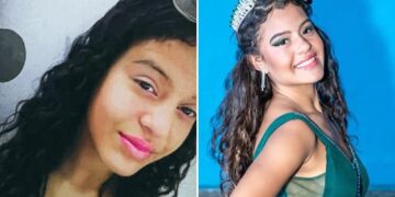 Un collage de imágenes que contiene 2 imágenes. La imagen 1 muestra a Soffia Del Valle Torrealba Ramos, de 15 años, posa en una foto sin fecha. La imagen 2 muestra a Soffia Del Valle Torrealba Ramos, de 15 años, posa en una foto sin fecha, con una tiara y un vestido verde con adornos.