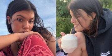 Un collage de imágenes que contiene 2 imágenes. La imagen 1 muestra a una mujer joven, Piper James, posando para una foto. La imagen 2 muestra a una mujer joven con una sudadera con capucha negra y sosteniendo una bebida de coco.