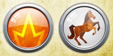 Un collage de imágenes que contiene 1 imágenes. La imagen 1 muestra una ilustración de un símbolo del signo del zodíaco chino para el elemento fuego y un caballo marrón.