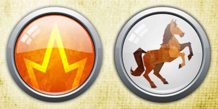 Un collage de imágenes que contiene 1 imágenes. La imagen 1 muestra una ilustración de un símbolo del signo del zodíaco chino para el elemento fuego y un caballo marrón.