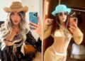 Un collage de imágenes que contiene 2 imágenes, la Imagen 1 muestra a Jlenia Musella, una mujer joven con cabello largo y rubio y un sombrero de vaquero de paja, tomándose una selfie con un traje de encaje negro. La Imagen 2 muestra a Jlenia Musella, una mujer de 22 años, se toma una selfie en un espejo mientras usa un bikini blanco, una bata de crochet dorada, un sombrero de pescador azul claro y gafas de sol.