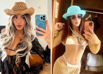 Un collage de imágenes que contiene 2 imágenes, la Imagen 1 muestra a Jlenia Musella, una mujer joven con cabello largo y rubio y un sombrero de vaquero de paja, tomándose una selfie con un traje de encaje negro. La Imagen 2 muestra a Jlenia Musella, una mujer de 22 años, se toma una selfie en un espejo mientras usa un bikini blanco, una bata de crochet dorada, un sombrero de pescador azul claro y gafas de sol.
