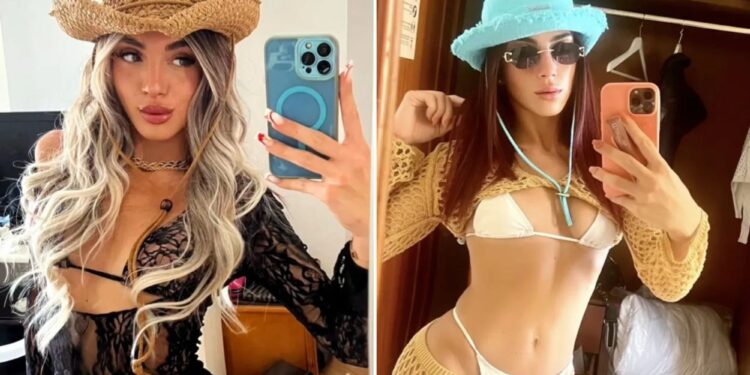 Un collage de imágenes que contiene 2 imágenes, la Imagen 1 muestra a Jlenia Musella, una mujer joven con cabello largo y rubio y un sombrero de vaquero de paja, tomándose una selfie con un traje de encaje negro. La Imagen 2 muestra a Jlenia Musella, una mujer de 22 años, se toma una selfie en un espejo mientras usa un bikini blanco, una bata de crochet dorada, un sombrero de pescador azul claro y gafas de sol.
