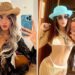 Un collage de imágenes que contiene 2 imágenes, la Imagen 1 muestra a Jlenia Musella, una mujer joven con cabello largo y rubio y un sombrero de vaquero de paja, tomándose una selfie con un traje de encaje negro. La Imagen 2 muestra a Jlenia Musella, una mujer de 22 años, se toma una selfie en un espejo mientras usa un bikini blanco, una bata de crochet dorada, un sombrero de pescador azul claro y gafas de sol.