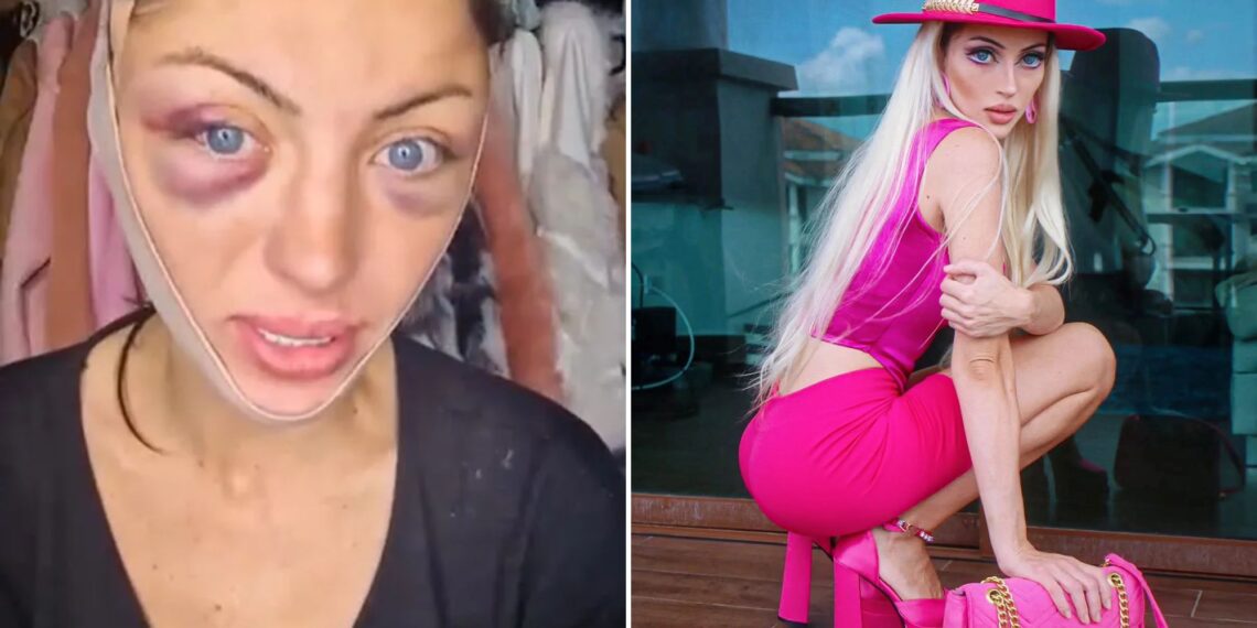 Un collage de imágenes que contiene 2 imágenes. La imagen 1 muestra a una mujer con ojos azules y moretones negros alrededor, usando una prenda de compresión facial. La imagen 2 muestra a Barbara Jankavski Márquez con un traje rosa brillante que incluye sombrero, blusa, falda, zapatos y bolso.