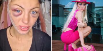 Un collage de imágenes que contiene 2 imágenes. La imagen 1 muestra a una mujer con ojos azules y moretones negros alrededor, usando una prenda de compresión facial. La imagen 2 muestra a Barbara Jankavski Márquez con un traje rosa brillante que incluye sombrero, blusa, falda, zapatos y bolso.