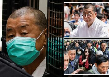 Un collage de imágenes que contiene 3 imágenes. La imagen 1 muestra: El magnate de los medios Jimmy Lai, fundador de Apple Daily, llega al Tribunal de Apelación Final en una furgoneta de prisión en Hong Kong. La imagen 2 muestra ARCHIVOS-TRIBUNAL POLÍTICO DE HONG KONG-CHINA. La imagen 3 muestra al magnate de los medios de Hong Kong Jimmy Lai sentenciado en el histórico juicio de seguridad nacional.