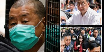 Un collage de imágenes que contiene 3 imágenes. La imagen 1 muestra: El magnate de los medios Jimmy Lai, fundador de Apple Daily, llega al Tribunal de Apelación Final en una furgoneta de prisión en Hong Kong. La imagen 2 muestra ARCHIVOS-TRIBUNAL POLÍTICO DE HONG KONG-CHINA. La imagen 3 muestra al magnate de los medios de Hong Kong Jimmy Lai sentenciado en el histórico juicio de seguridad nacional.