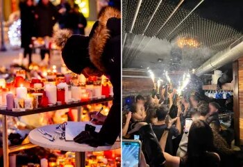 El monumento a las víctimas del incendio de un bar suizo arde en llamas después de que la carpa se llenara con velas y flores en memoria de los 41 muertos