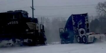 Momento de infarto: un tren choca contra un camión atascado en la vía férrea después de una tormenta de nieve tipo "ciclón bomba"