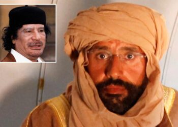 Un collage de imágenes que contiene 2 imágenes. La imagen 1 muestra: Saif al-Islam Gaddafi aparece sentado en un avión en Zintan. La imagen 2 muestra al coronel Gaddafi se reúne con Nicolas Sarkozy.