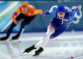 Jordan Stolz, del equipo de Estados Unidos, compite durante los 500 metros de patinaje de velocidad masculino en el octavo día de los Juegos Olímpicos de Invierno Milán Cortina 2026 en el Estadio de Patinaje de Velocidad Milano en Milán el 14 de febrero de 2026. (Elsa/Getty Images)