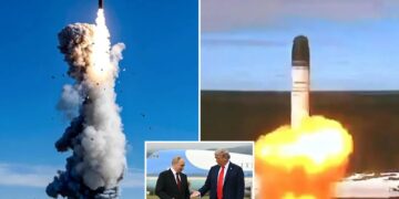 Un collage de imágenes que contiene 3 imágenes, la Imagen 1 muestra el lanzamiento de un cohete con una gran columna de humo y escombros, la Imagen 2 muestra un misil Sarmat lanzado desde un silo con una gran columna de fuego y humo, la Imagen 3 muestra las IMÁGENES TOPSHOT-US-UCRANIA-RUSIA-CONFLICT-SUMMIT-TRUMP-PUTIN-AFP DEL AÑO 2025