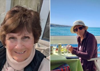 Un collage de imágenes que contiene 2 imágenes. La imagen 1 muestra una foto de Susan Hornsby, una pensionista británica de 76 años que desapareció en Tenerife. La imagen 2 muestra a Susan Hornsby, de 76 años, con sombrero y gafas de sol, sentada en una mesa con vista al mar.