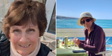 Un collage de imágenes que contiene 2 imágenes. La imagen 1 muestra una foto de Susan Hornsby, una pensionista británica de 76 años que desapareció en Tenerife. La imagen 2 muestra a Susan Hornsby, de 76 años, con sombrero y gafas de sol, sentada en una mesa con vista al mar.