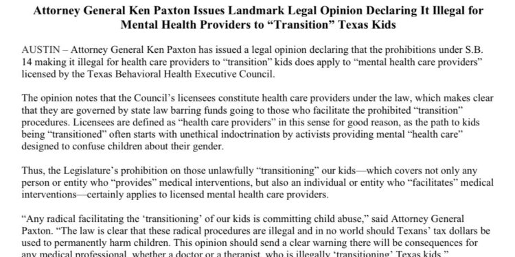 El fiscal general de Texas calumnia la terapia que afirma las identidades de los jóvenes trans como “abuso infantil”