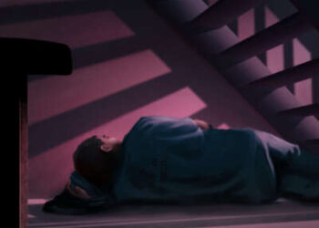 Una ilustración muestra a una persona durmiendo debajo de una escalera.