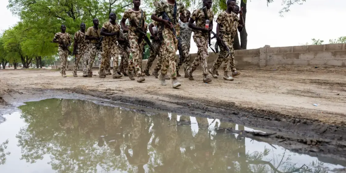 Soldados nigerianos de la Fuerza de Tarea Conjunta Multinacional corren en la base militar MNJTF en Monguno, Nigeria, el 5 de julio de 2025. (Joris Bolomey/AFP vía Getty Images)