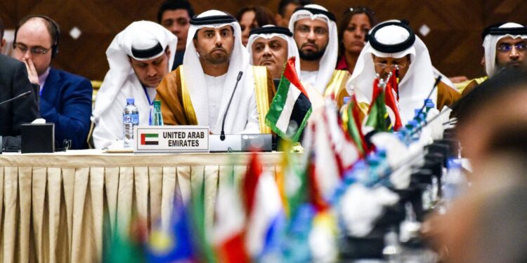 El Ministro de Energía de los Emiratos Árabes Unidos, Suhail al-Mazrouei (C), asiste a una reunión informal entre miembros de la Organización de Países Exportadores de Petróleo (OPEP) en Argel, Argelia, el 28 de septiembre de 2016. (Ryad Kramdi/AFP vía Getty Images)