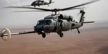 Un HH-60G Pave Hawk de la Fuerza Aérea de EE. UU. asignado al 46.º Escuadrón de Rescate Expedicionario reposta combustible desde un HC-130J Combat King II de la Fuerza Aérea de EE. UU., mientras opera sobre el área de responsabilidad del Comando Central de EE. UU. el 30 de mayo de 2023. (Sargento Harrison Winchell/Fuerza Aérea de EE. UU.)