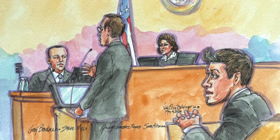 Sam Altman escucha mientras el presidente de OpenAI, Greg Brockman, testifica durante el juicio de Elon Musk sobre la conversión con fines de lucro de OpenAI ante la jueza Yvonne González Rogers en un tribunal federal en Oakland, California, el 4 de mayo de 2026, en este boceto de la sala del tribunal. (Vicki Behringer/Reuters)