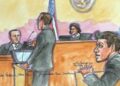 Sam Altman escucha mientras el presidente de OpenAI, Greg Brockman, testifica durante el juicio de Elon Musk sobre la conversión con fines de lucro de OpenAI ante la jueza Yvonne González Rogers en un tribunal federal en Oakland, California, el 4 de mayo de 2026, en este boceto de la sala del tribunal. (Vicki Behringer/Reuters)