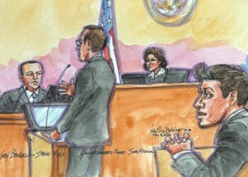 Sam Altman escucha mientras el presidente de OpenAI, Greg Brockman, testifica durante el juicio de Elon Musk sobre la conversión con fines de lucro de OpenAI ante la jueza Yvonne González Rogers en un tribunal federal en Oakland, California, el 4 de mayo de 2026, en este boceto de la sala del tribunal. (Vicki Behringer/Reuters)